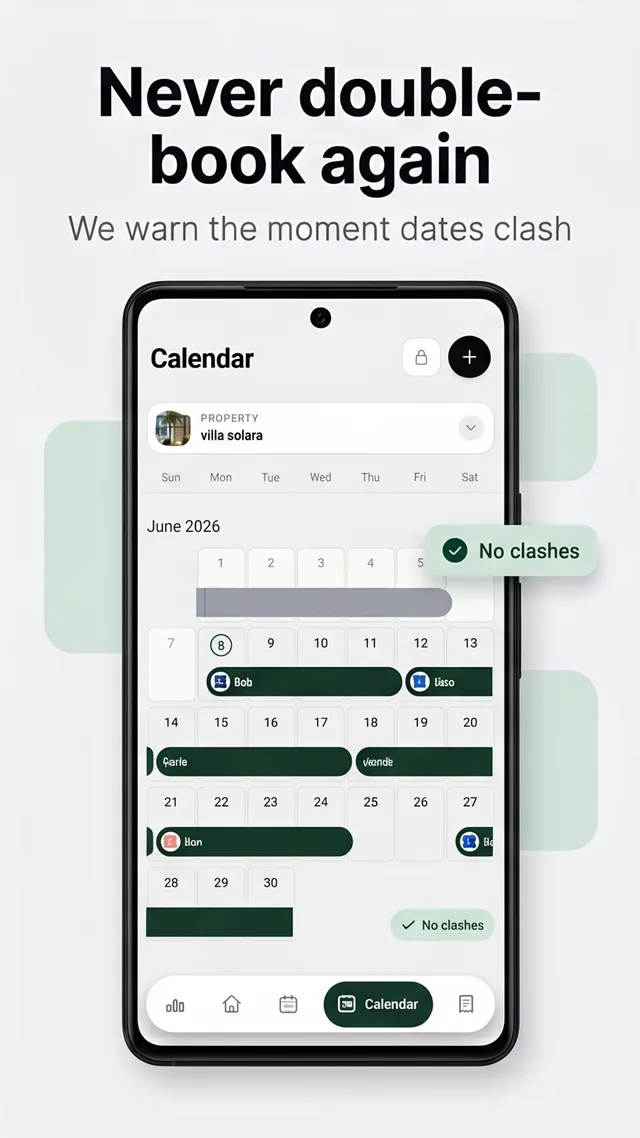 Mudifly booking calendar with date-range bands preventing double bookings