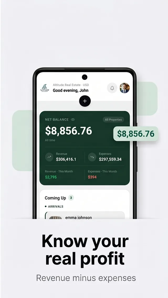 Mudifly dashboard with net balance and profit analytics for short-term rentals