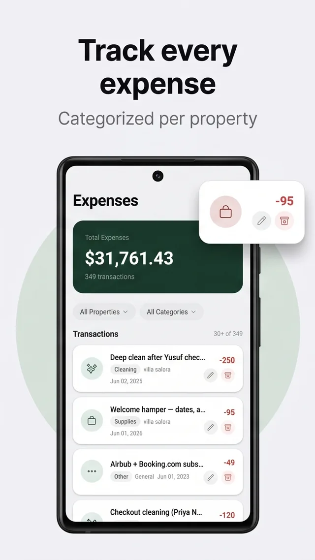 Expense tracking screen in Mudifly with categories and amounts per rental property