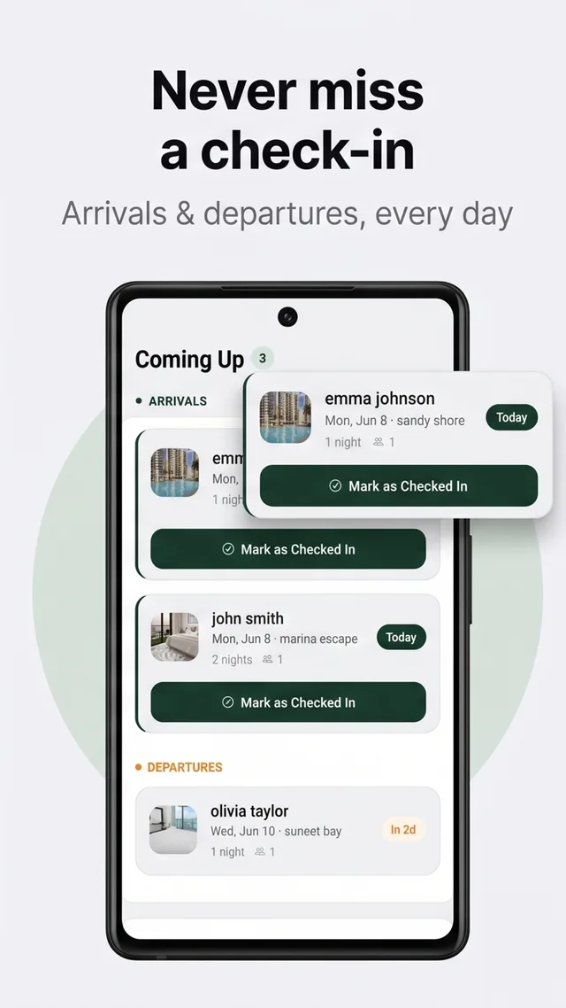 Upcoming check-in and check-out reminders in the Mudifly app
