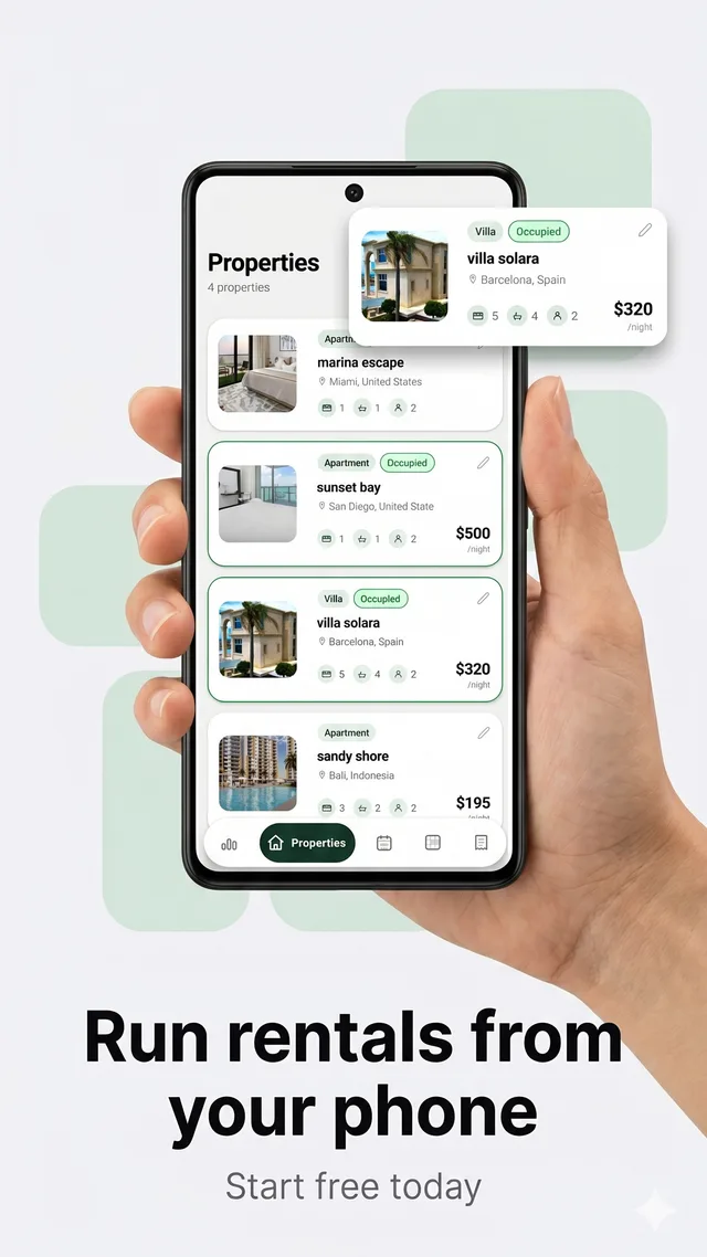 Property list in Mudifly showing vacation rentals with occupancy status and nightly rates